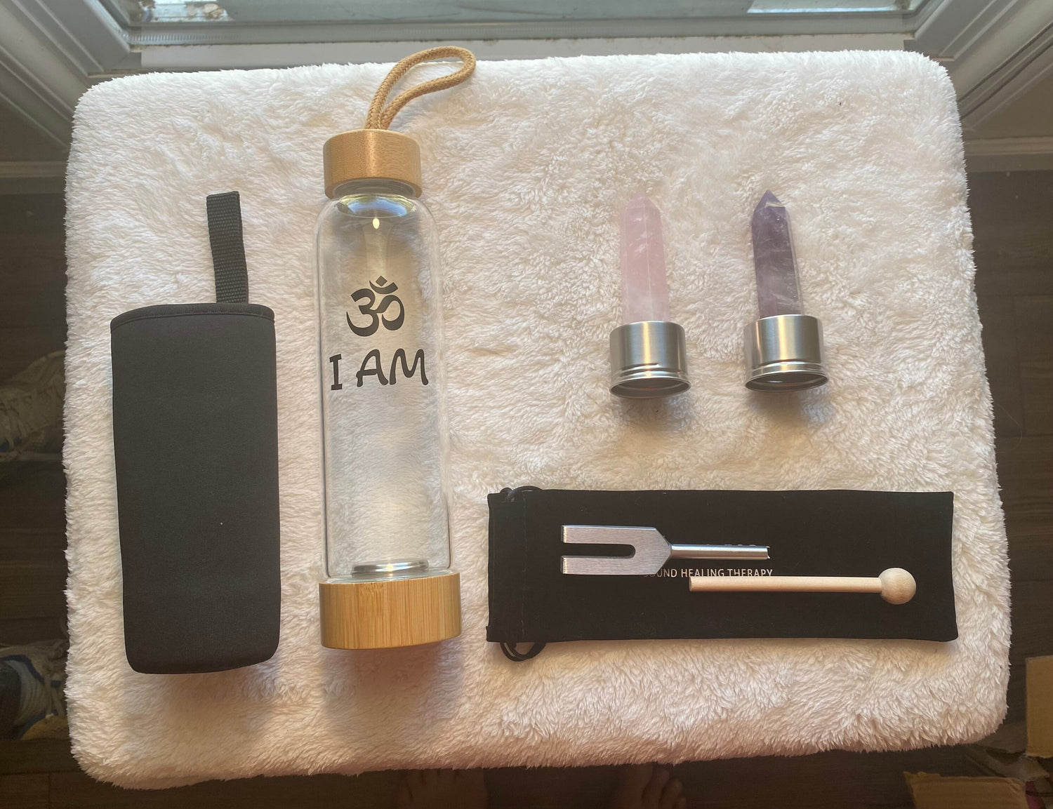 OM - I AM Crystal Infusion Kit - Resonator 4096 Hz Crystal Tuner Vibration Rose Quartz And Amethyst Wand Point Inserts, Glass, Bamboo