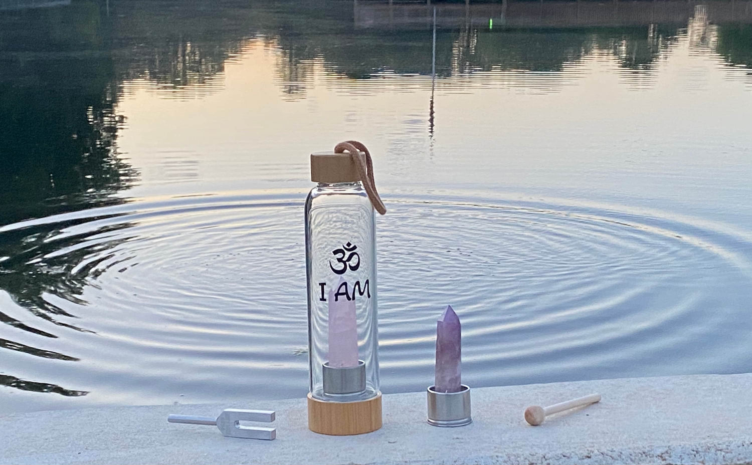 OM - I AM Crystal Infusion Kit - Resonator 4096 Hz Crystal Tuner Vibration Rose Quartz And Amethyst Wand Point Inserts, Glass, Bamboo
