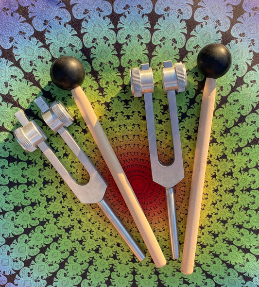 432 Hz and 528 Hz Silver Weighted Solfeggio Set Best Tuning Forks for Vibration - Attenuator Handle Extensions with 10mm Crystal