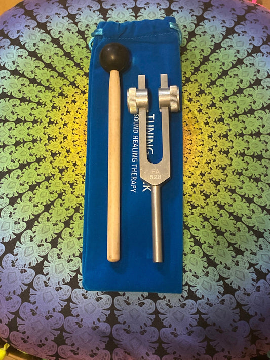 528 Hz Weighted Silver Solfeggio Tuning Fork For Vibration - Attenuator Handle Extender with 10mm Crystal
