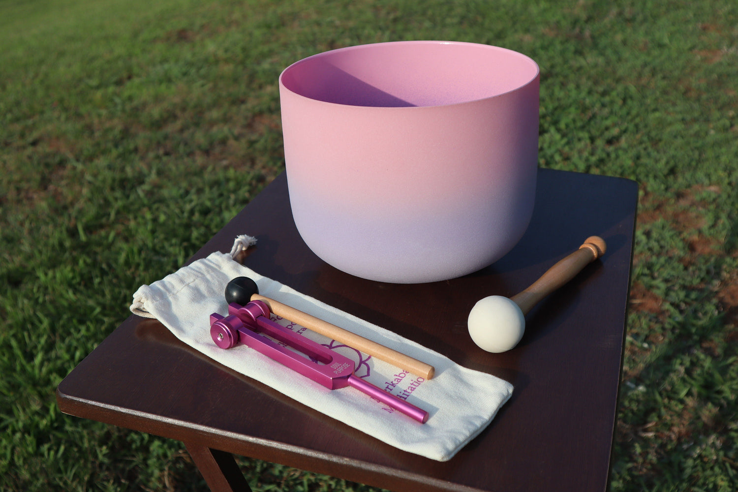 Pink Aura - Crystal Singing Bowl and Soul Purpose Tuning Fork , 432 Hz F-Note w/ Bag Bundle, 99% Quartz Crystal Bowl, Mallet, Purple Case