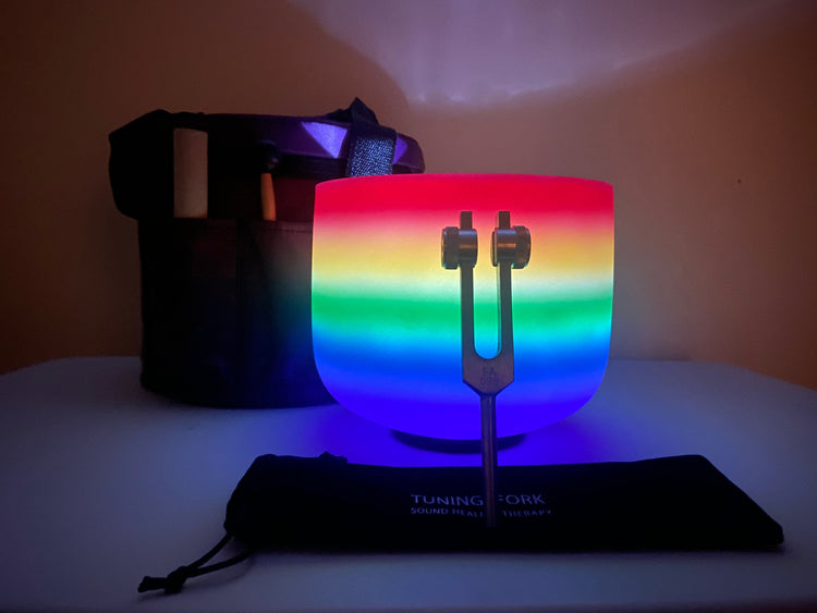 432hz Rainbow - 8” Crystal Singing Bowl And 528 Hz Solfeggio Tuning Fork - 99% Quartz Crystal, Suede Striker, With Padded Carry Case