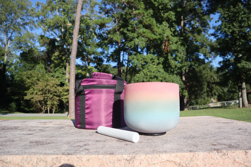 432hz Rainbow - 8” Crystal Singing Bowl And Padded Carry Case - 99% Quartz Crystal, O-Ring, Suede Striker, With Padded Carry Case