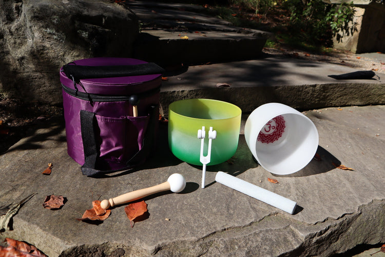 Lemongrass Bowl and 528 Hz Solfeggio Tuning Fork Bundle - Solar Plexus and 7" Crown Chakra Bowls, Mallet, O-Ring, Carry Case