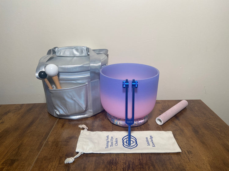 3rd Eye Chakra Tuning Fork And High Vibrational 3rd Eye 8" Crystal Singing Bowl 432HZ A-Note w/ Bag Bundle, Gift For Her