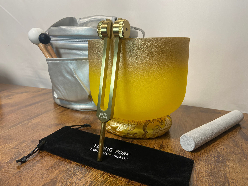 432 Hz Gold Frosted 8" Solar Plexus E Note Quartz Crystal Singing Bowl with Solar Plexus Tuning Fork, Mallet, O-Ring, Cushion, Carry Case