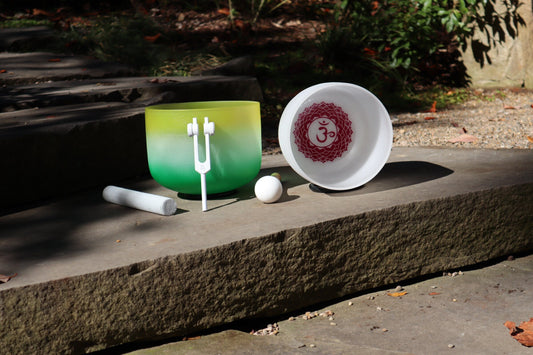 Lemongrass Bowl and 528 Hz Solfeggio Tuning Fork Bundle - Solar Plexus and 7" Crown Chakra Bowls, Mallet, O-Ring, Carry Case