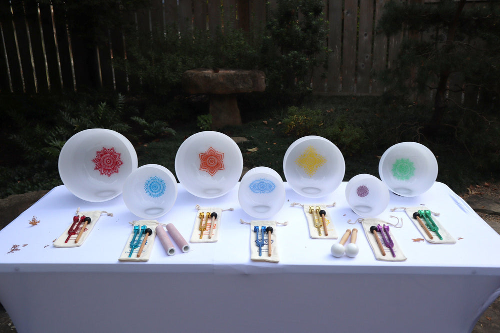 Myriad Melodies' Perfect Pitch (5 Cents) 432 Hz Lotus Mandala Set - 10 Chakra Tuning Forks - 10 Crystal Attenuators - Protective Cases