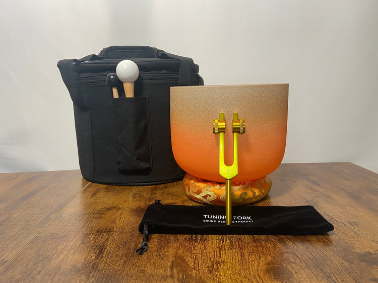 432 Hz Gold Frosted 8" Sacral D Note Quartz Crystal Singing Bowl with Solfeggio 528 Hz Weighted Tuning. Fork, Mallet, O-Ring, Carry Case