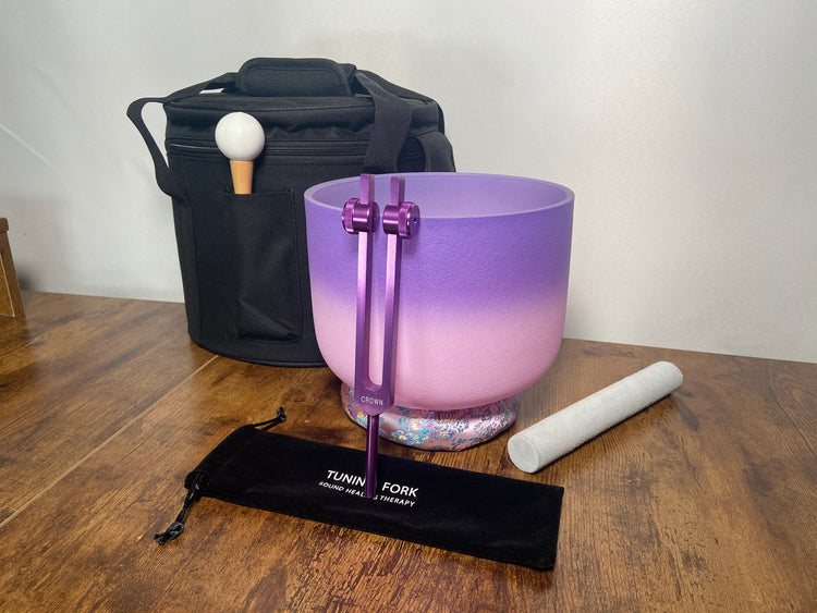 Crown Chakra Tuning Fork And High Vibrational 8" Crystal Singing Bowl 432HZ B-Note w/ Bag Bundle, Gift For Her