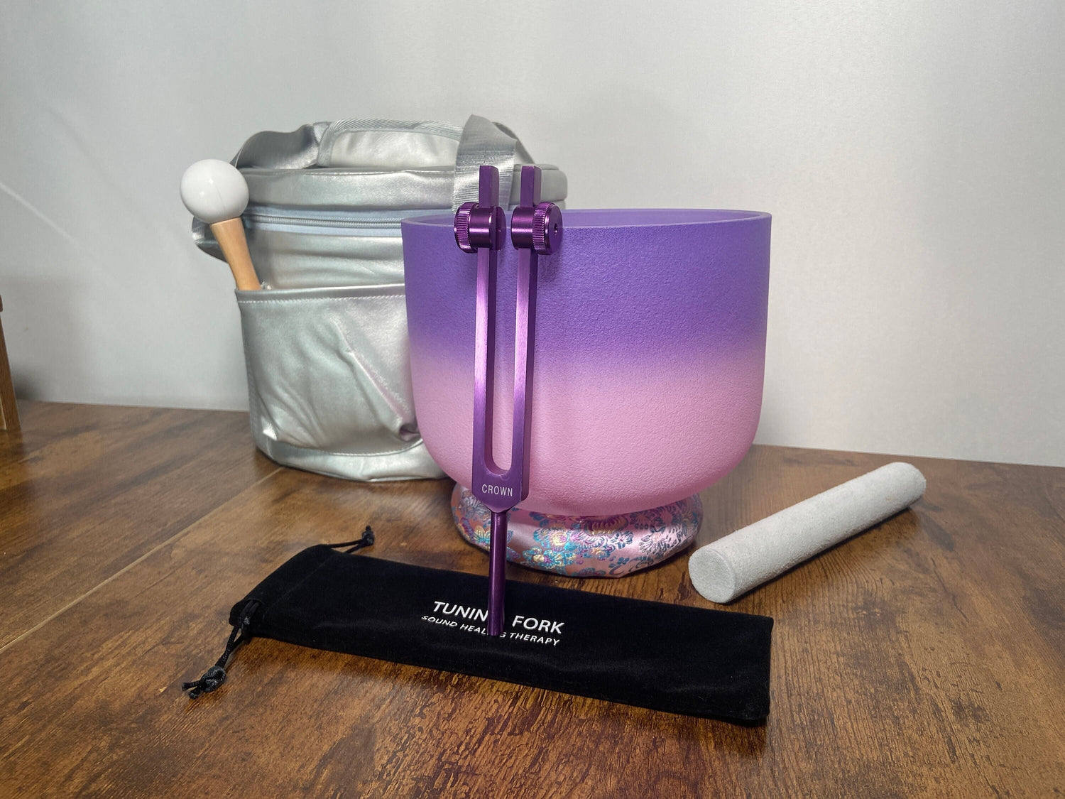 Crown Chakra Tuning Fork And High Vibrational 8" Crystal Singing Bowl 432HZ B-Note w/ Bag Bundle, Gift For Her