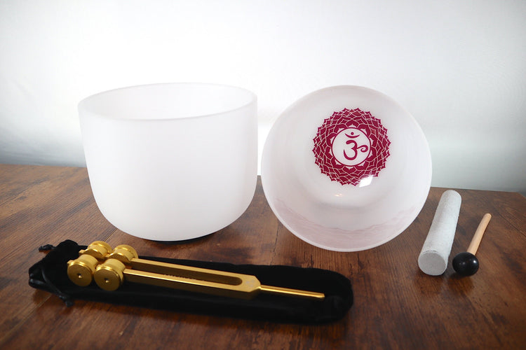 528 Hz Singing Bowl and 432 Hz Chakra Printed Bowl Bundle with Tuning Fork - 8” Bowl, 7” Bowl, Padded Carry Case, Suede Striker, and O-ring