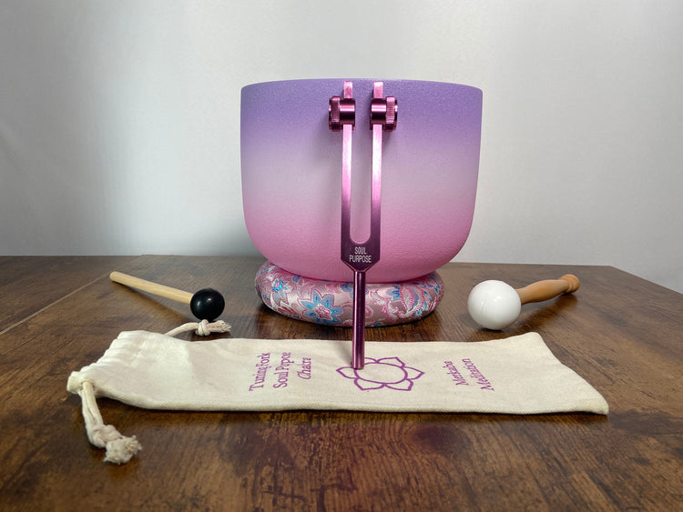 High Vibrational Crown Chakra 8" Crystal Singing Bowl 432Hz B-Note, Merkaba Soul Purpose Tuning Fork, Bag, Sound Vibration, Gift For Her