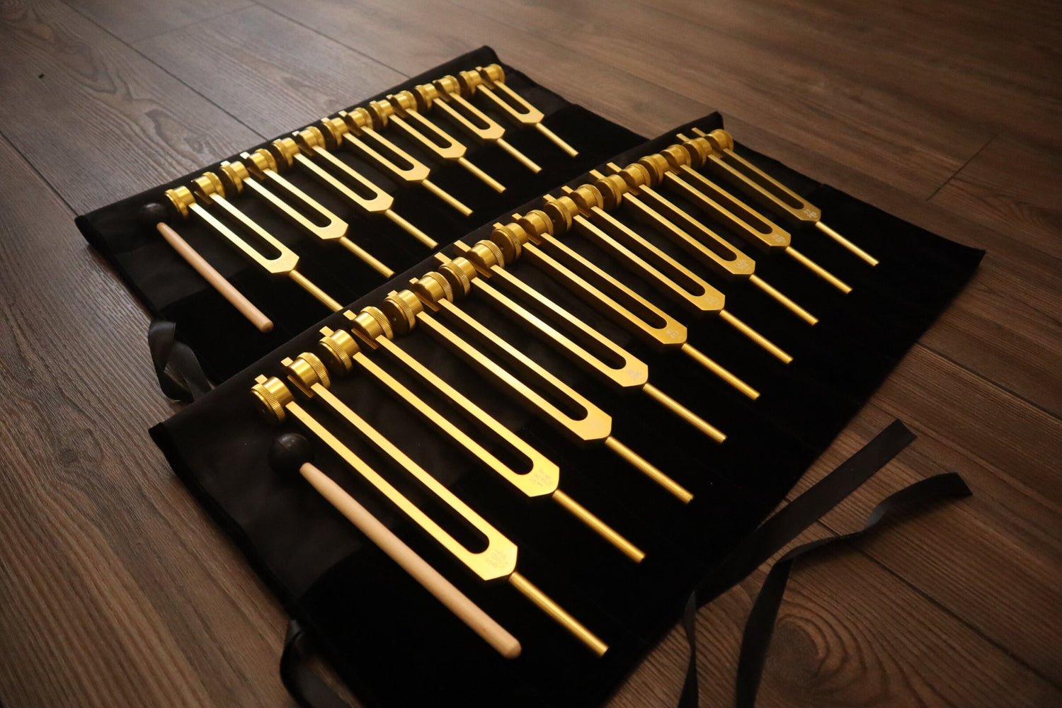 9pc Secret Solfeggio and 8pc Chakra Tuning Fork Bundle - Professionally Tuned .25 - Gold Weighted, 2 Strikers, 2 Carry Bags