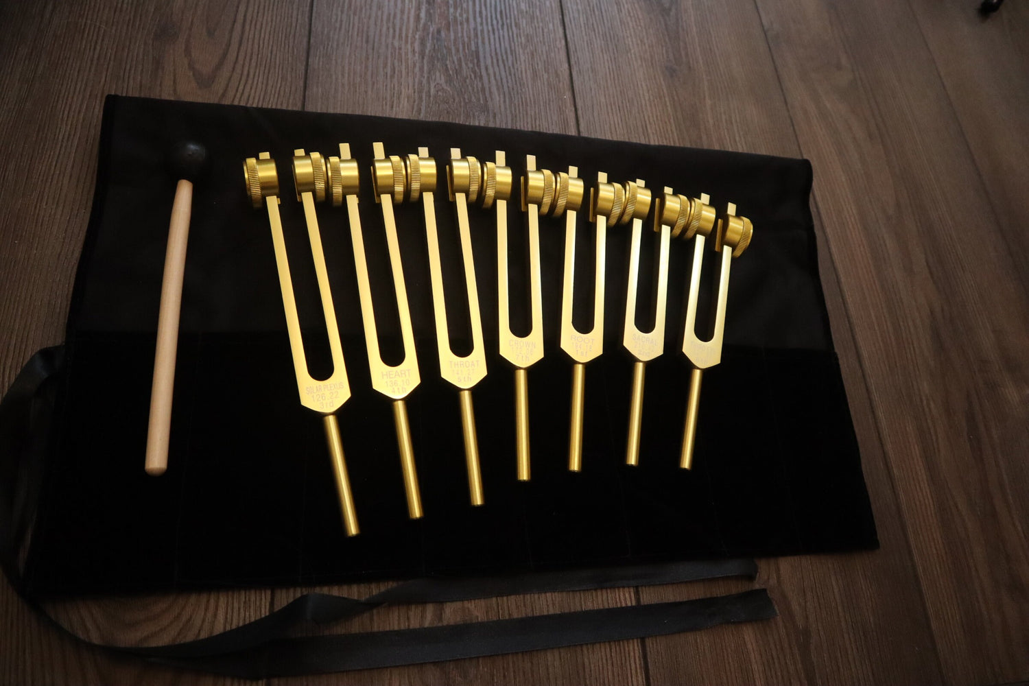 9pc Secret Solfeggio and 8pc Chakra Tuning Fork Bundle - Professionally Tuned .25 - Gold Weighted, 2 Strikers, 2 Carry Bags