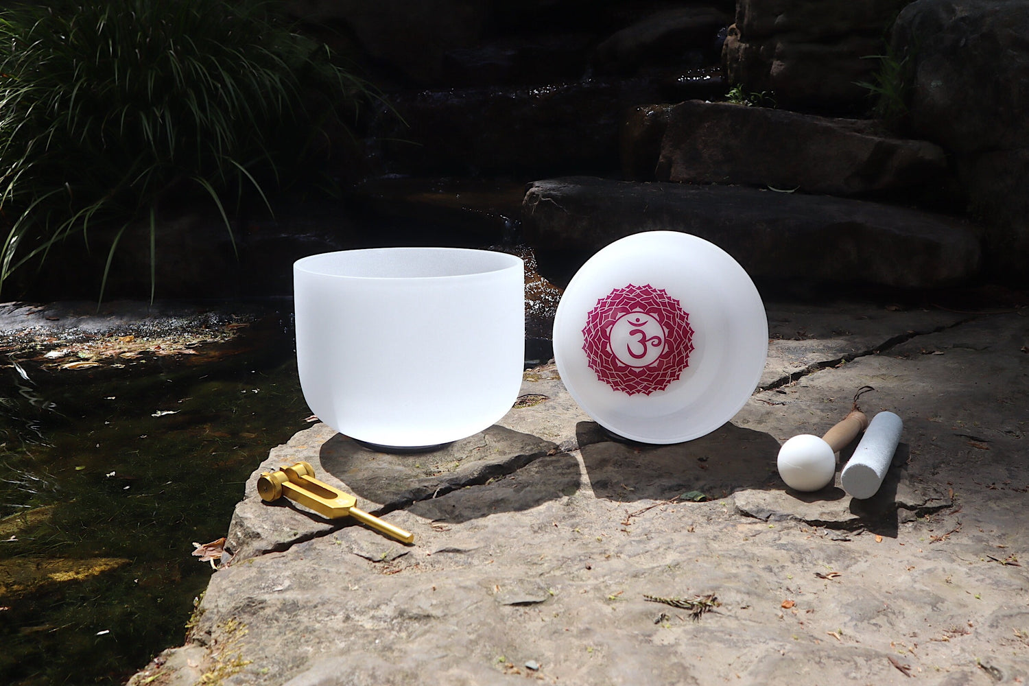 528 Hz Singing Bowl and 432 Hz Chakra Printed Bowl Bundle with Tuning Fork - 8” Bowl, 7” Bowl, Padded Carry Case, Suede Striker, and O-ring