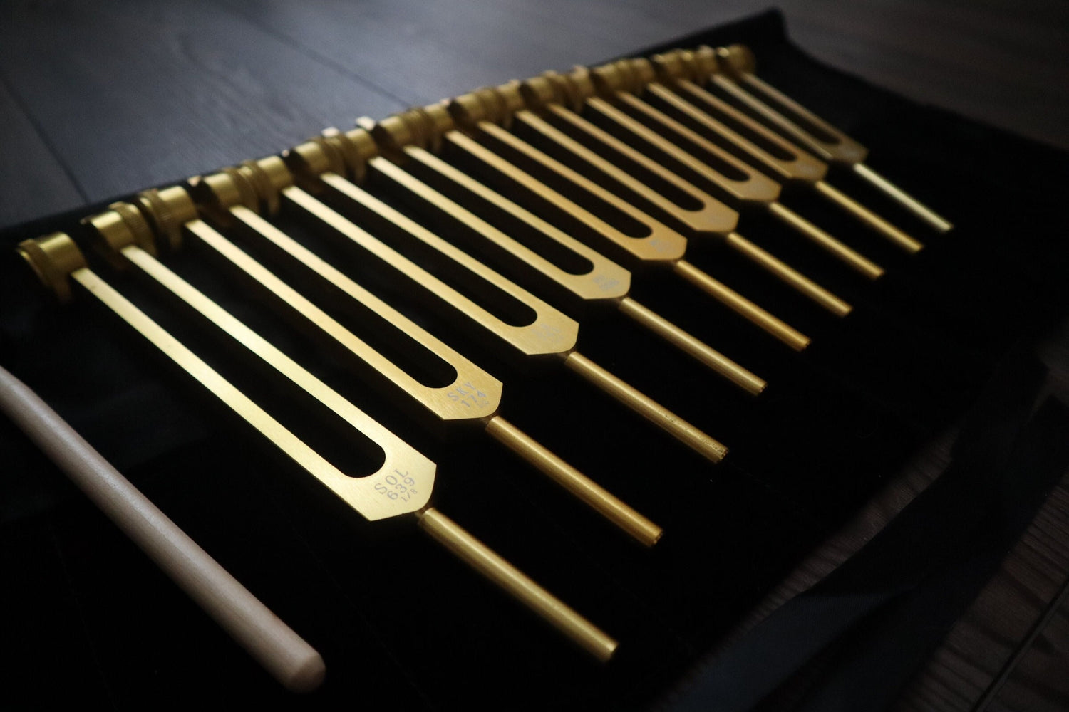 Myriad Melodies' 9pc Solfeggio Weighted Tuning Fork Set - Professionally Tuned .25 - Gold, 528Hz, Bio-field, Bag, Striker