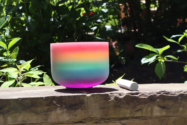 432hz Rainbow - 8” Crystal Singing Bowl And Padded Carry Case - 99% Quartz Crystal, O-Ring, Suede Striker, With Padded Carry Case