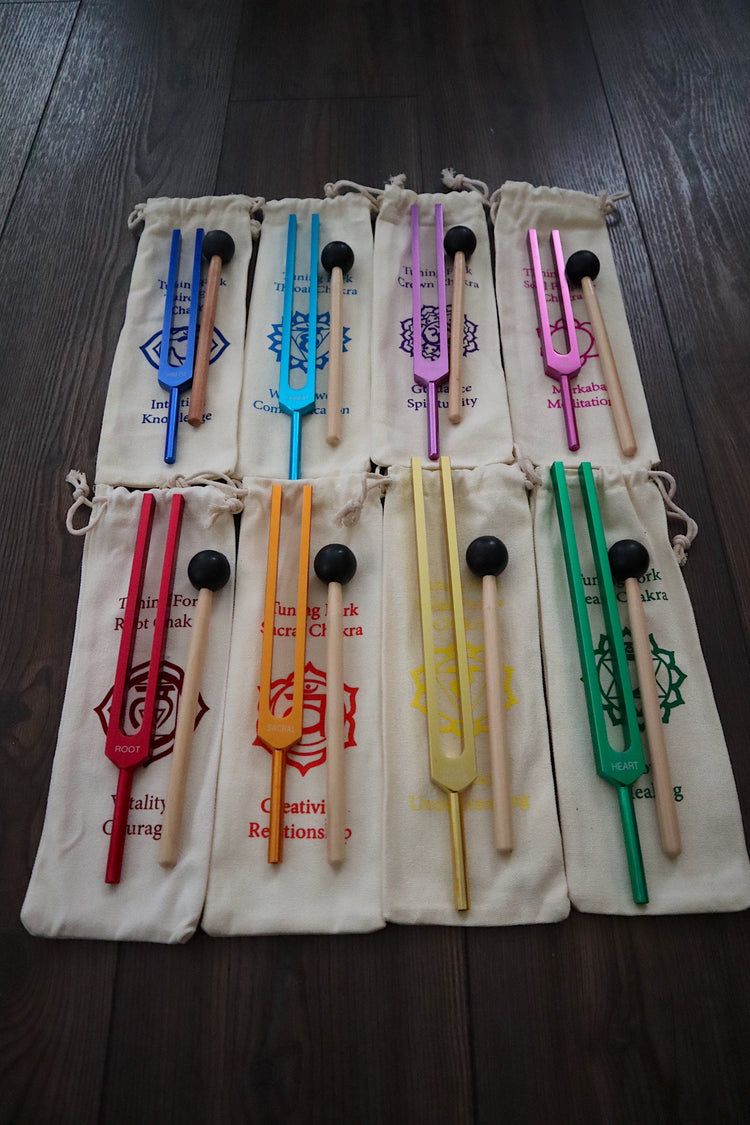 Myriad Melodies' 8pc Unweighted Chakra Tuning Fork Set For Working With The Bio-Field - Drawstring Pouches and Strikers, Sound Vibration