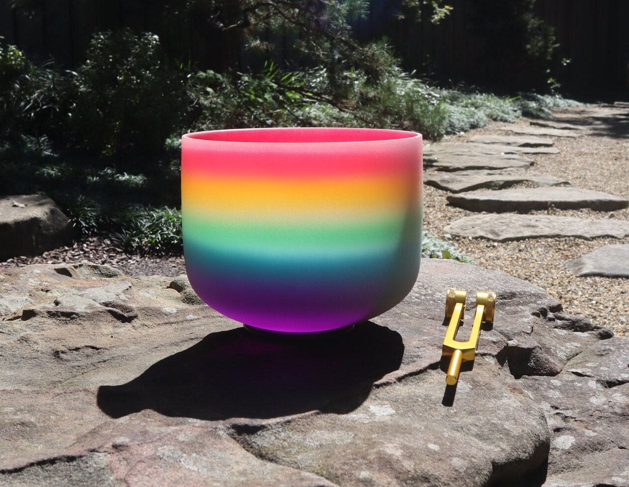 528 Hz Rainbow - 8” Crystal Singing Bowl And 174 Hz Solfeggio Tuning Fork - 99% Quartz Crystal, Mallet, With Padded Carry Case