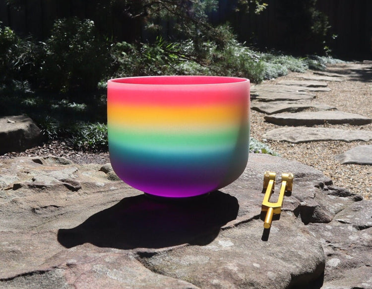 528 Hz Rainbow and 432 Hz Pink Aura Bowl - 174Hz Solfeggio Tuning Fork - Mallet, Suede Striker, Carry Case, Sound Vibration, Gift For Her