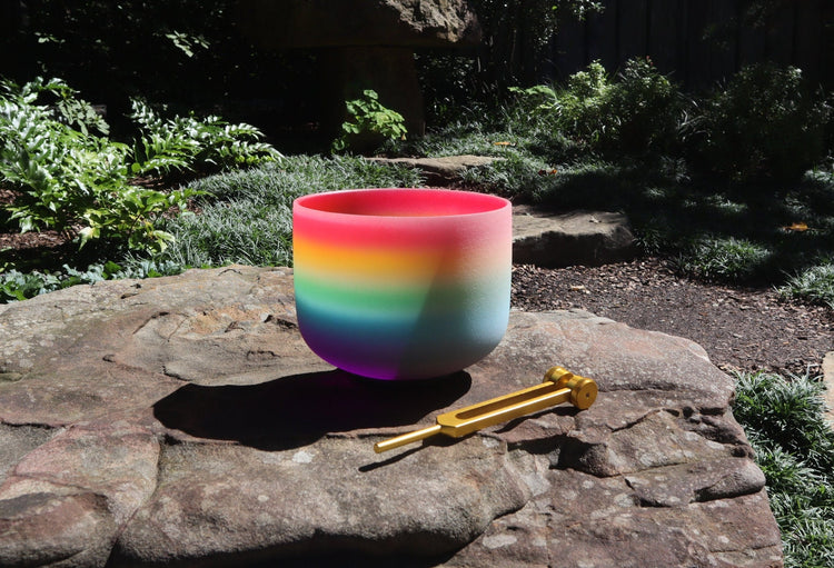 528 Hz Rainbow - 8” Crystal Singing Bowl And 174 Hz Solfeggio Tuning Fork - 99% Quartz Crystal, Mallet, With Padded Carry Case