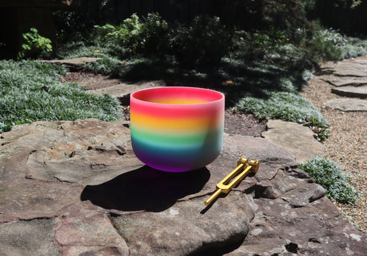 528 Hz Rainbow - 8” Crystal Singing Bowl And 174 Hz Solfeggio Tuning Fork - 99% Quartz Crystal, Mallet, With Padded Carry Case