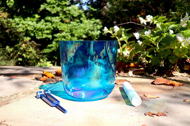 Cosmic Blue - Premium Clear 7.5" Crystal Singing Bowl w/ Tuning Fork 432 Hz Throat Chakra G Note, Suede Striker, O-Ring, and Carry Case