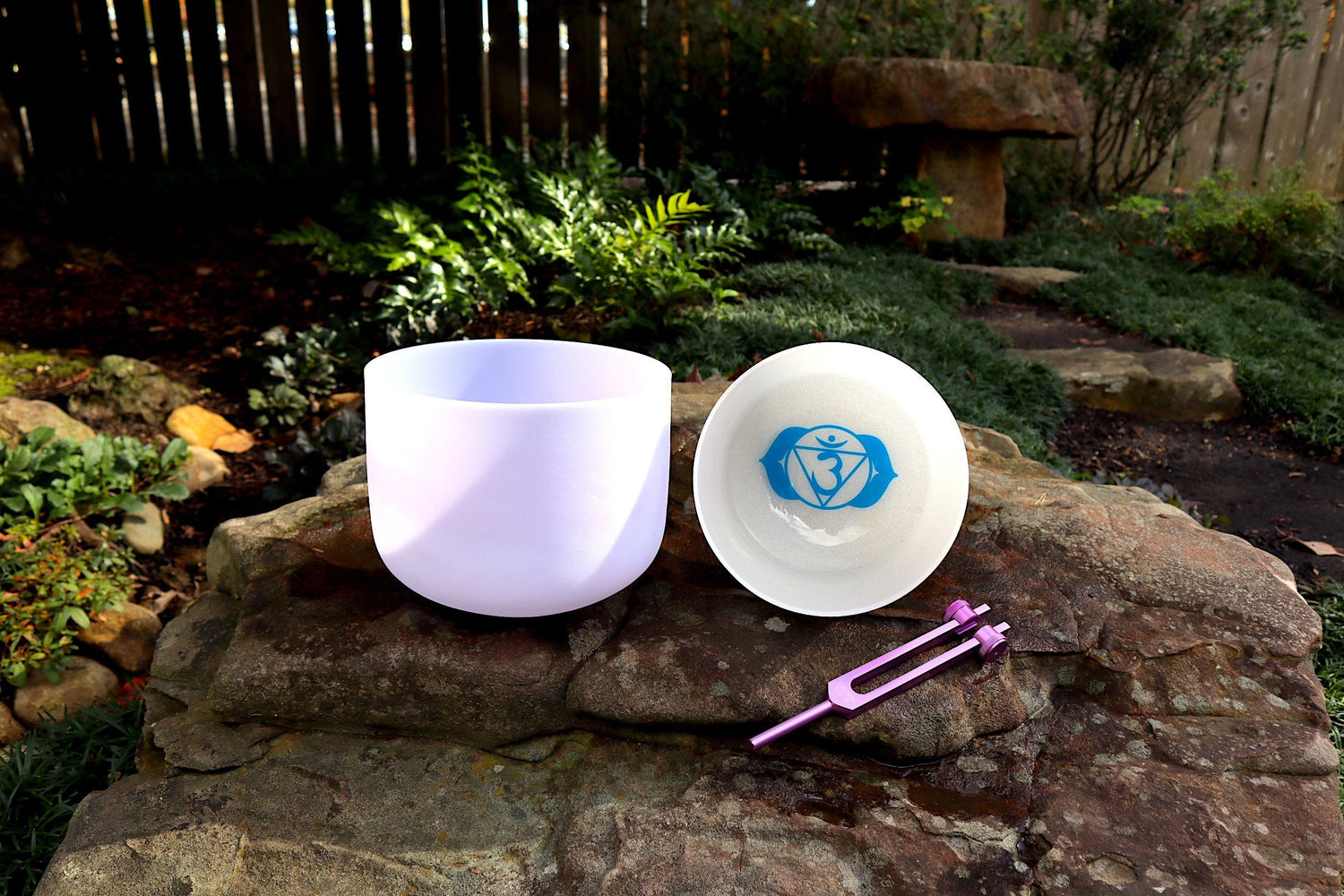 Amethyst Gem Infused - Perfect Pitch 432Hz - 8" Heart Chakra Bowl, 7" 3rd Eye Bowl, Crown Chakra Tuning Fork, Mallet, O-Ring, Carry Case