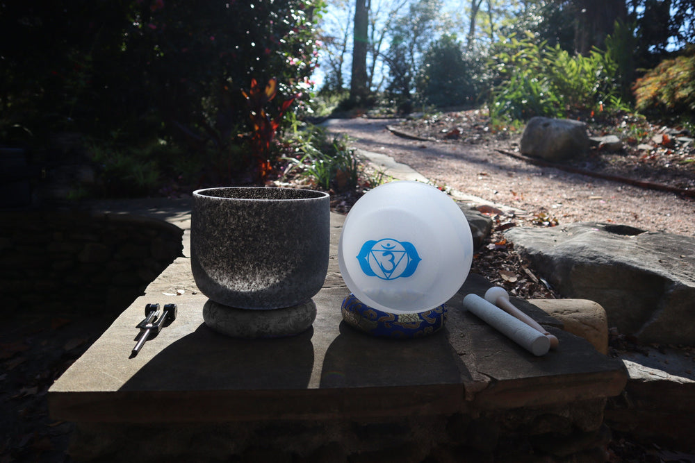 Obsidian Infused Perfect Pitch 8" Crystal Singing Bowl, 7" 3rd Eye Bowl, and 528 Hz Solfeggio Tuning Fork, Cushion, O-Ring, Carry Case