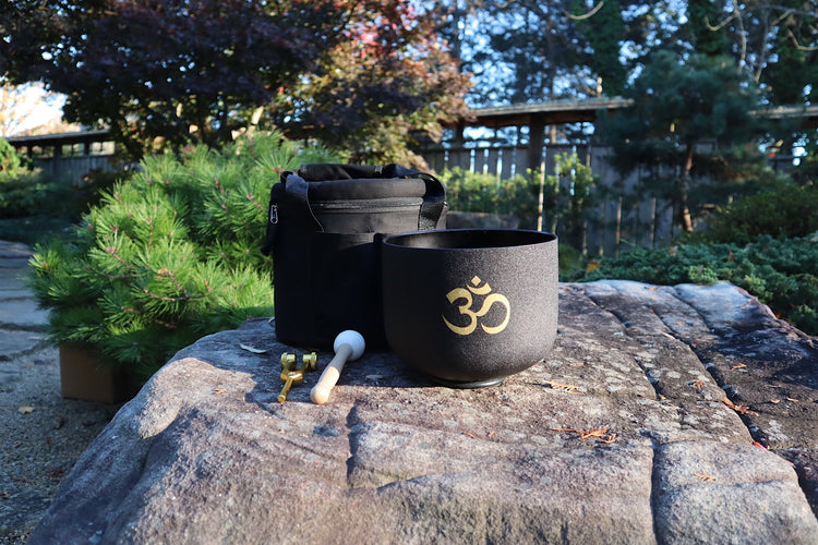 432 Hz Om Printed Heart Chakra Crystal Singing Bowl and Solfeggio 528 Hz Tuning For Bundle - Cushion, Mallet, Striker, Padded Carry Case