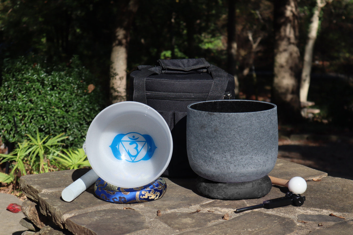 Obsidian Infused Perfect Pitch 8" Crystal Singing Bowl, 7" 3rd Eye Bowl, and 528 Hz Solfeggio Tuning Fork, Cushion, O-Ring, Carry Case