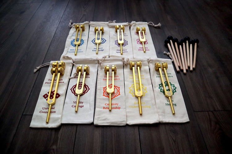 Myriad Melodies' Professionally Tuned .25 8pc Chakra Tuning Fork Set - Gold, Root Through Crown Chakras - Attenuator Extenders - Biofield