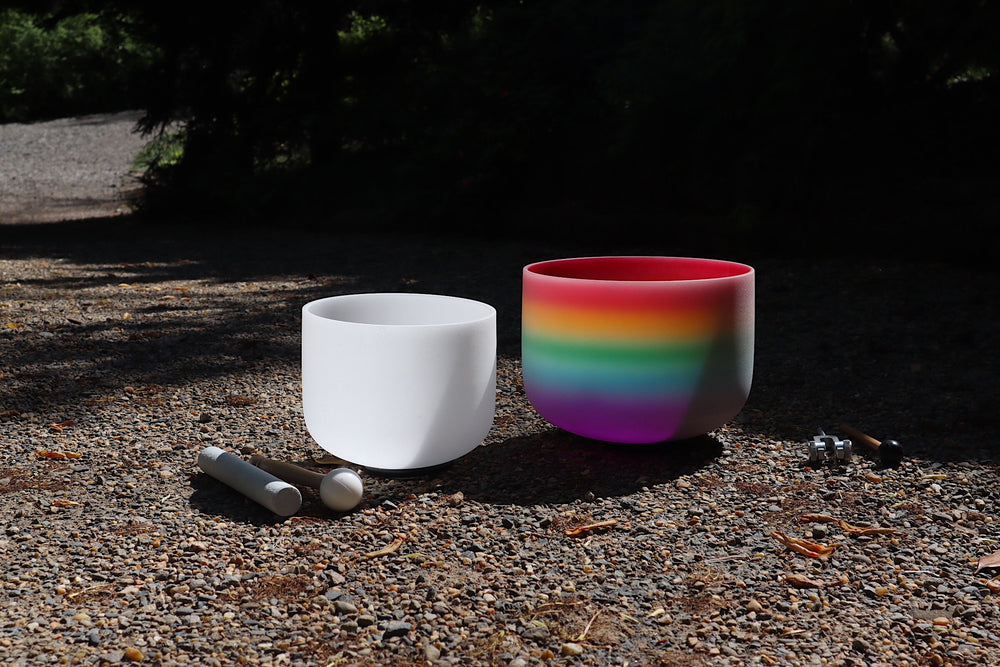 528 Hz 8" White Light Root Chakra and 432 Hz 10" Rainbow Heart Chakra Bundle with Tuning Fork - Mallet, Suede Striker, Case, Sound Vibration