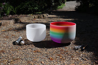 528 Hz 8" White Light Root Chakra and 432 Hz 10" Rainbow Heart Chakra Bundle with Tuning Fork - Mallet, Suede Striker, Case, Sound Vibration