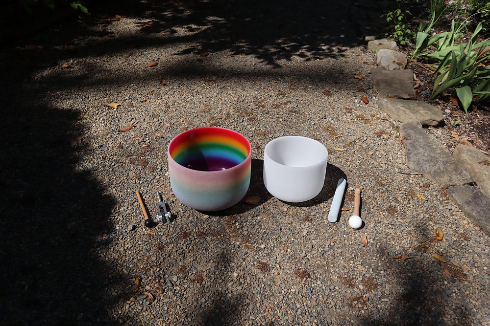 528 Hz 8" White Light Root Chakra and 432 Hz 10" Rainbow Heart Chakra Bundle with Tuning Fork - Mallet, Suede Striker, Case, Sound Vibration