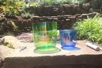 Cosmic Green and Indigo - Premium Clear Crystal Singing Bowls w/ Tuning Fork - Perfect Pitch 432Hz F and A Note