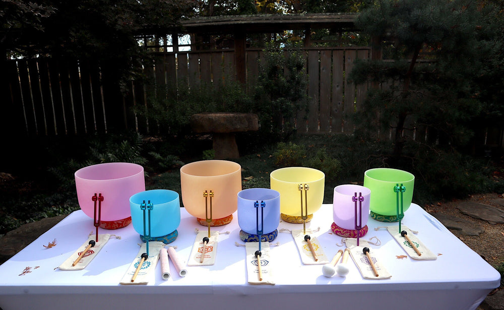 Myriad Melodies' Perfect Pitch 432 Hz Iridescent Light Singing Bowl Set - 10 Chakra Tuning Forks - 10 Crystal Attenuators - Protective Cases