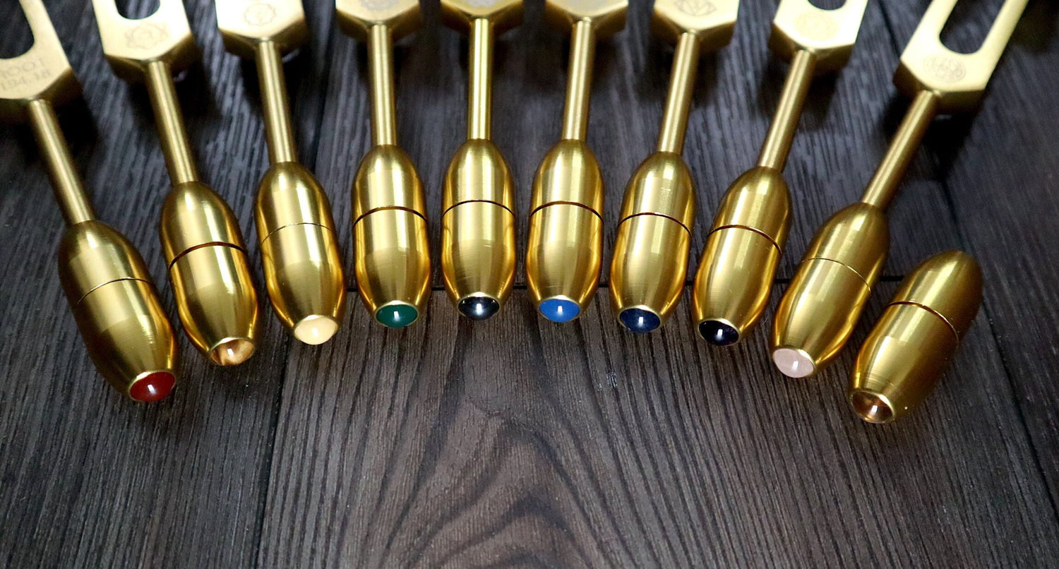 Myriad Melodies' Professionally Tuned .25 8pc Chakra Tuning Fork Set - Gold, Root Through Crown Chakras - Attenuator Extenders - Biofield
