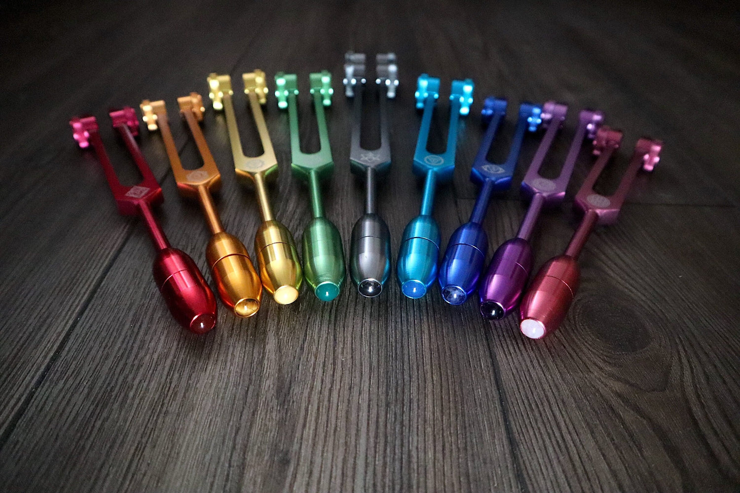 Myriad Melodies' Professionally Tuned .25 9pc Chakra Tuning Forks with 10pc Crystal Massage Attenuator Set - Biofield, Sound Vibration