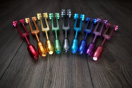 Myriad Melodies' Professionally Tuned .25 9pc Chakra Tuning Forks with 10pc Crystal Massage Attenuator Set - Biofield, Sound Vibration