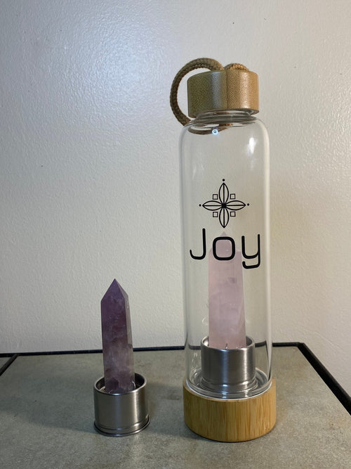JOY Crystal Infused Borosilicate Glass Water Bottle Healing Rose Quartz And  Amethyst Wand Point Inserts with