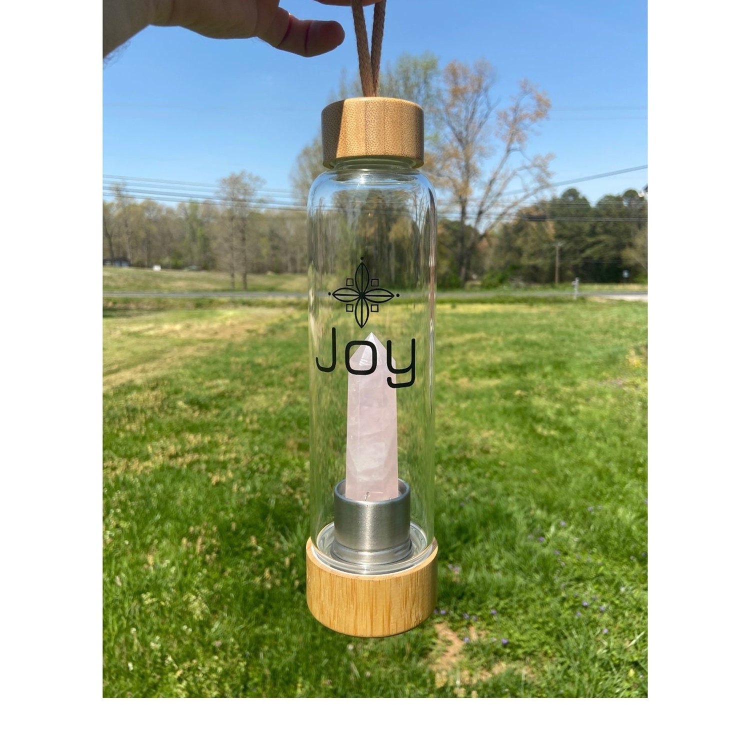 JOY Crystal Infused Borosilicate Glass Water Bottle Healing Rose Quartz And Amethyst Wand Point Inserts with Bamboo Lid and Base - Myriad Melodies