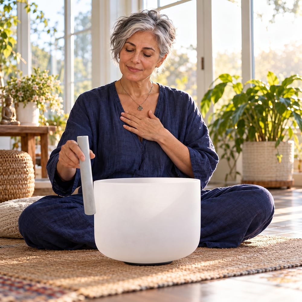 Silver-haired woman playing a single white crystal singing bowl with a gray suede striker.