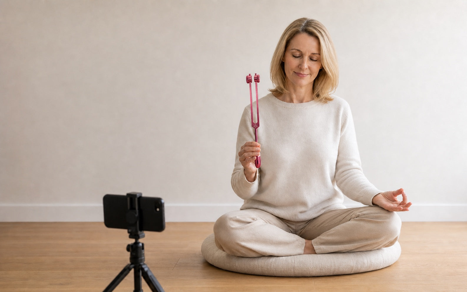 Sound healing practitioner recording an educational tuning fork demonstration with a peaceful smile and meditation mudra